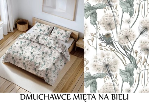 Pościel 100% BAWEŁNA Renforce 160x200cm (poszwa) + 2x 70x80cm (poszewki) Wykończenie satynowe MIĘTA NA BIELI MIR