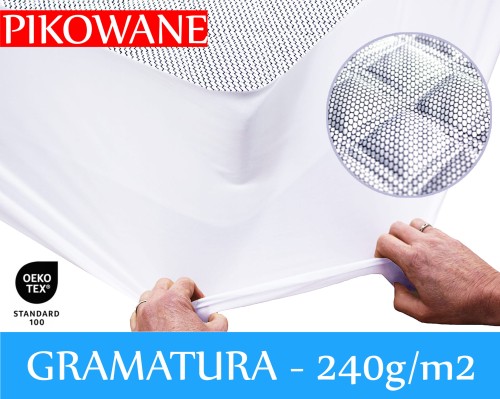 PIKOWANE PRZEŚCIERADŁO OCHRONNE NA MATERAC Generacja II Typ: Vip Górna warstwa: 100% Włókno poliestrowe + Wypełnienie: 100% Włókno poliestrowe Dolna warstwa: 100% PU membrana + 100% PE siatka zakończona gumką Gramatura:240g/m2