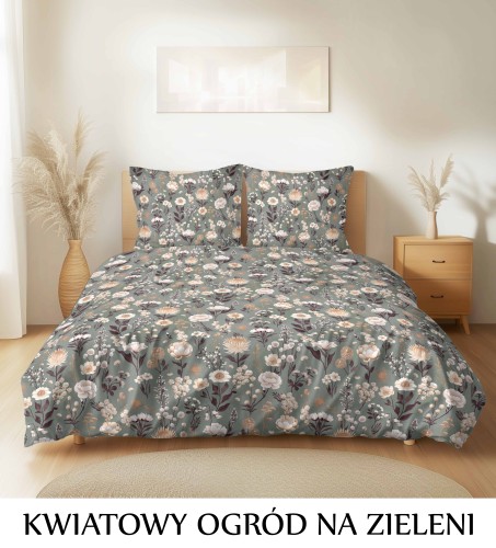 Pościel hotelowa 100% Bawełna Renforce Wykończenie Satynowe KWIATOWY OGRÓD NA ZIELENI