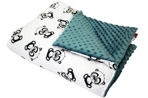 Kocyk dla dzieci i niemowląt MINKY 80x100 / 100X135 PANDA OCZY SZARE - MINKY BUTELKOWA ZIELEŃ