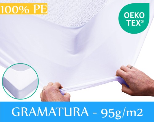 PRZEŚCIERADŁO OCHRONNE NA MATERAC Generacja II Typ: Standard 100% Włókno poliestrowe + 100% PU membrana + 100% PE siatka zakończona gumką Gramatura:95g/m2