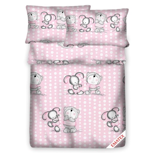 Pościel 100% BAWEŁNA Renforce 140x200cm (poszwa) + 1x 70x80cm (poszewka) Wykończenie satynowe MIŚ I ZAJĄC NA RÓŻOWYM