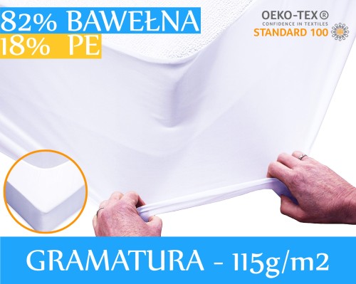 PRZEŚCIERADŁO OCHRONNE NA MATERAC Generacja II Typ: Standard 18% Włókno poliestrowe + 82% Bawełna + 100% PU membrana + 100% PE siatka zakończona gumką Gramatura:115g/m2