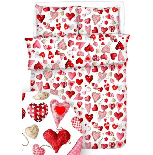Pościel 100% BAWEŁNA KORA 160x200cm (poszwa) + 2x 70x80cm (poszewki) SERCA GUZIKI NA BIAŁYM
