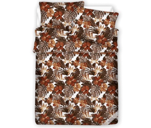 Pościel 100% BAWEŁNA Renforce 140x200cm (poszwa) + 1x 70x80cm (poszewka) Wykończenie satynowe KWIECISTA MONSTERA BRĄZOWA
