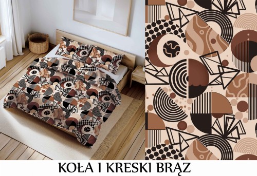 Pościel 100% BAWEŁNA Renforce 140x200cm (poszwa) + 1x 70x80cm (poszewka) Wykończenie satynowe KOŁA I KRESKI BRĄZ
