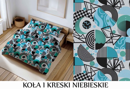 Pościel 100% BAWEŁNA Renforce 160x200cm (poszwa) + 2x 70x80cm (poszewki) Wykończenie satynowe KOŁA I KRESKI NIEBIESKIE