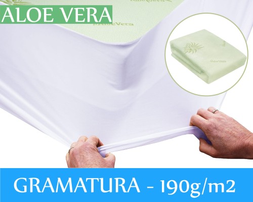 PRZEŚCIERADŁO OCHRONNE NA MATERAC Generacja II Typ: Aloe Vera 100% Włókno poliestrowe + 100% PU membrana + 100% PE siatka zakończona gumką Gramatura:190g/m2