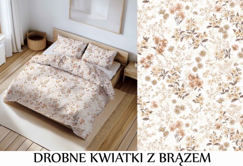 Pościel 100% BAWEŁNA Renforce 160x200cm (poszwa) + 2x 70x80cm (poszewki) Wykończenie satynowe DROBNE KWIATKI Z BRĄZEM