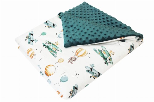 Kocyk dla dzieci i niemowląt MINKY 80x100 / 100X135 LIS W SAMOLOCIE ZIELONY - MINKY BUTELKOWA ZIELEŃ