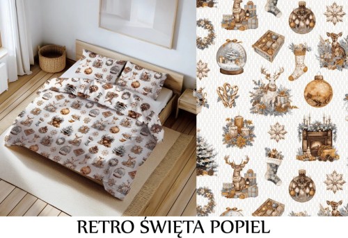 Pościel 100% BAWEŁNA Renforce 140x200cm (poszwa) + 1x 70x80cm (poszewka) Wykończenie satynowe RETRO ŚWIĘTA POPIEL