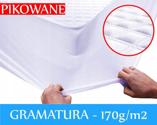 PIKOWANE PRZEŚCIERADŁO OCHRONNE NA MATERAC Generacja II Typ: Standard Górna warstwa: 100% Włókno poliestrowe + Wypełnienie: 100% Włókno poliestrowe Dolna warstwa: 100% PU membrana + 100% PE siatka zakończona gumką Gramatura:170g/m2