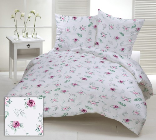 Pościel 100% BAWEŁNA Renforce 160x200cm (poszwa) + 2x 70x80cm (poszewki) Wykończenie satynowe RÓŻA POJEDYNCZA RÓŻOWA NA SZARYM