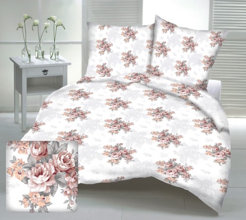 Pościel 100% BAWEŁNA Renforce 160x200cm (poszwa) + 2x 70x80cm (poszewki) Wykończenie satynowe RÓŻA KOLOROWA HERBACIANA Z SZARYM