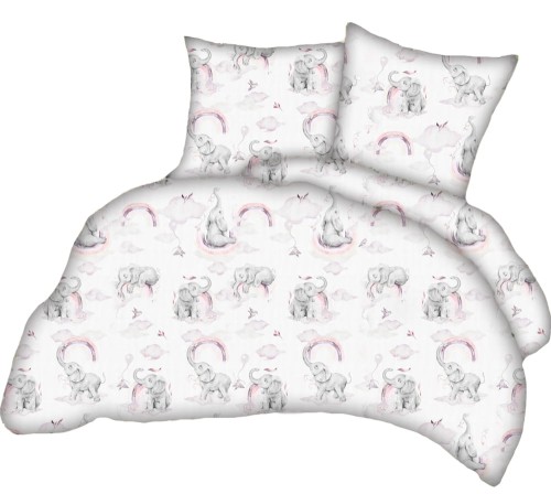 Pościel 100% BAWEŁNA Renforce 160x200cm (poszwa) + 2x 70x80cm (poszewki) Wykończenie satynowe SŁOŃ Z TĘCZĄ RÓŻOWY