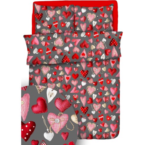 Pościel 100% BAWEŁNA KORA 160x200cm (poszwa) + 2x 70x80cm (poszewki) SERCA GUZIKI NA POPIELU