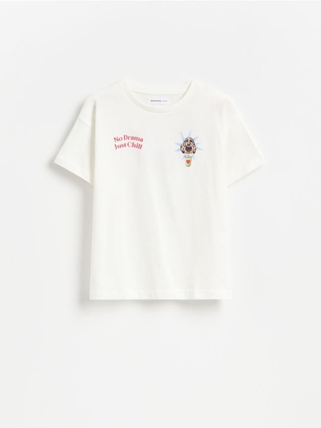 Reserved - T-shirt z nadrukiem na plecach - złamana biel
