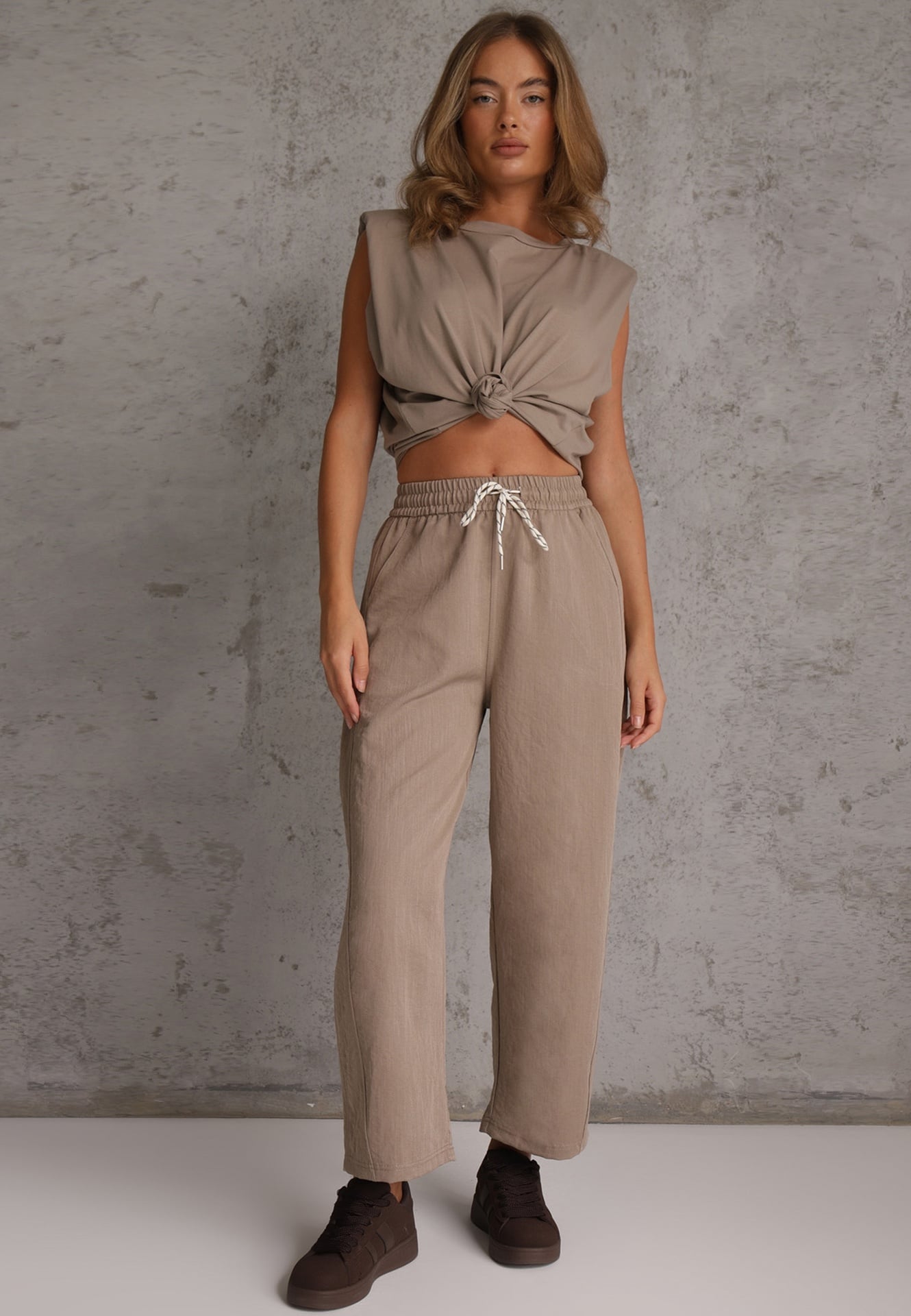 Beżowe Spodnie Casual Barrel High Waist z Gumką i Wiązaniem w Pasie Janesa