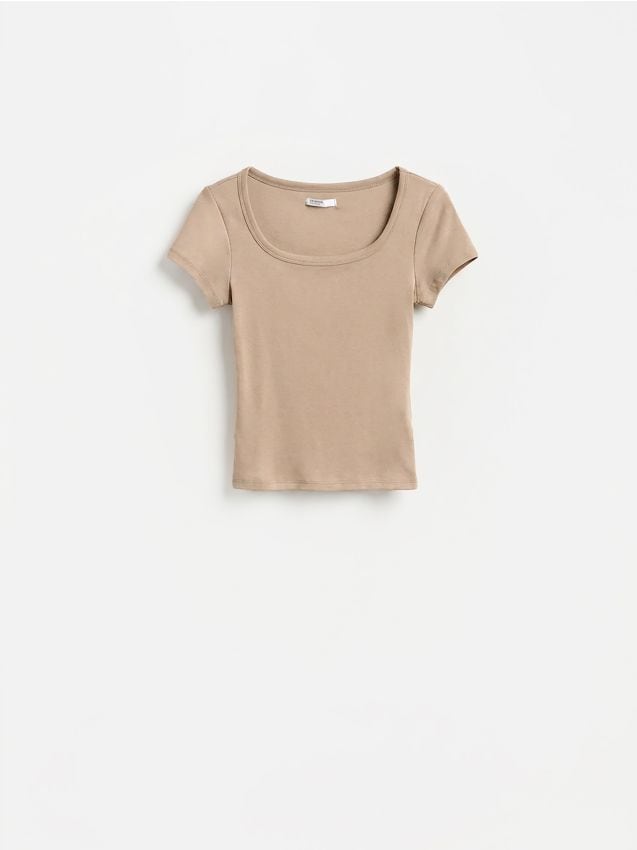 Reserved - T-shirt slim fit z modalem - brązowy