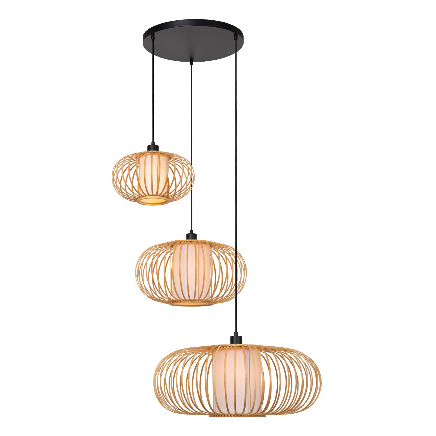 THULINE lampa wisząca potrójna kaskada bambusowa z białymi abażurami 3xE27 LUCIDE 05457/13/72