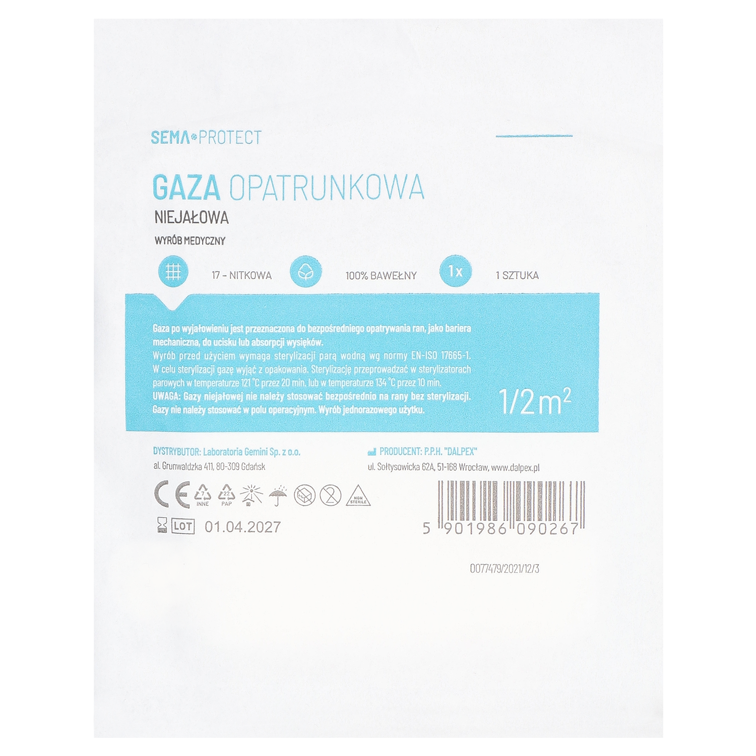 SEMA Protect, gaza niejałowa, 17-nitkowa, 1/2 m2, 1 sztuka
