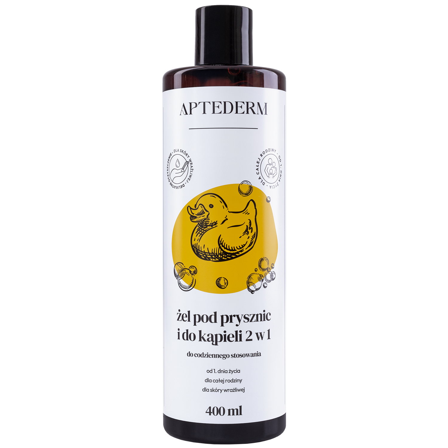 Aptederm, żel pod prysznic i do kąpieli 2w1 dla całej rodziny, skóra wrażliwa, od 1 dnia życia, 400 ml