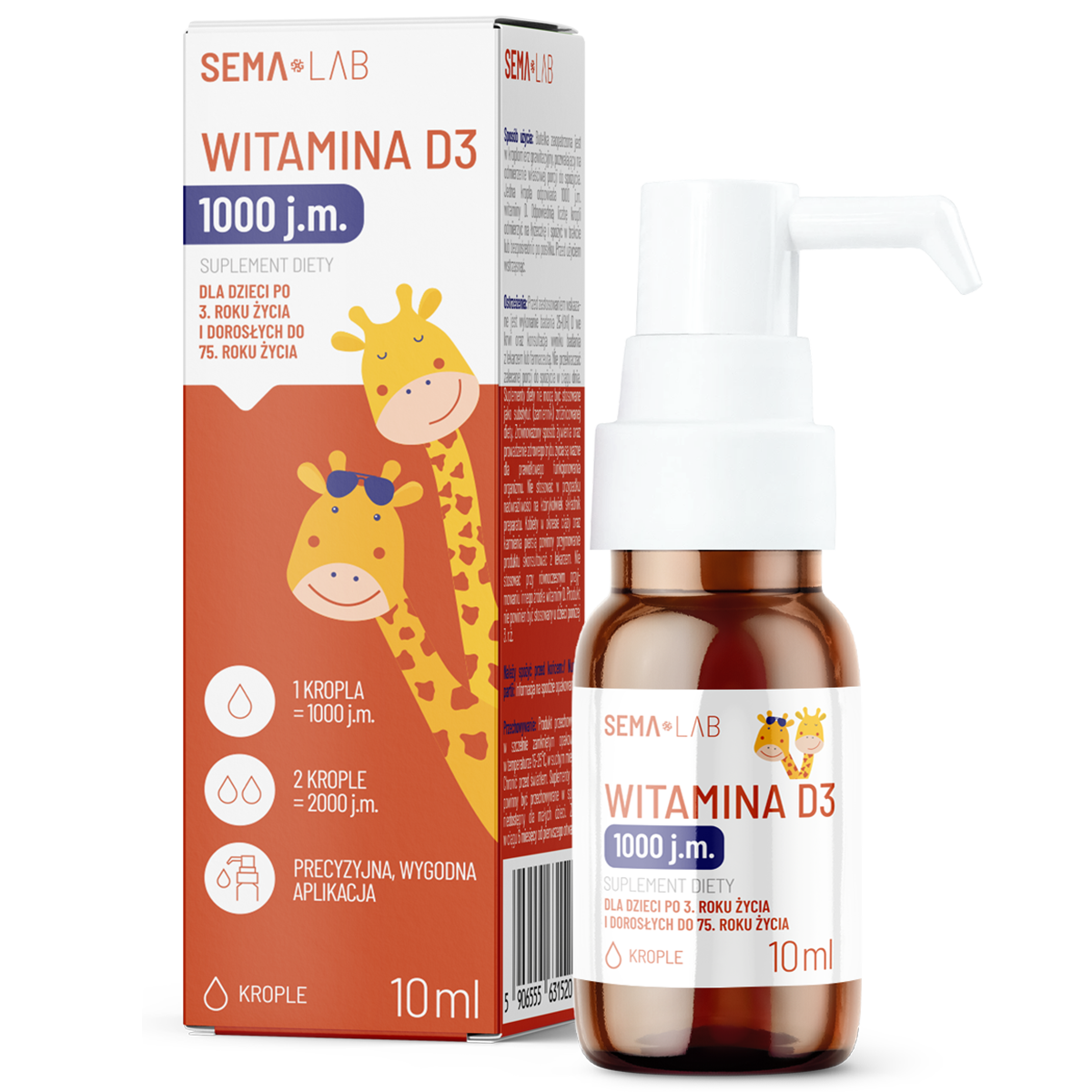 SEMA Lab Witamina D3 1000 j.m., krople, dla dzieci od 3 lat i dorosłych, 10 ml
