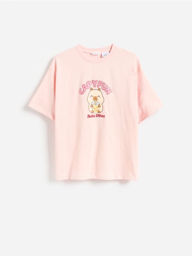 Reserved - T-shirt Kapibara CapyFun - pastelowy róż