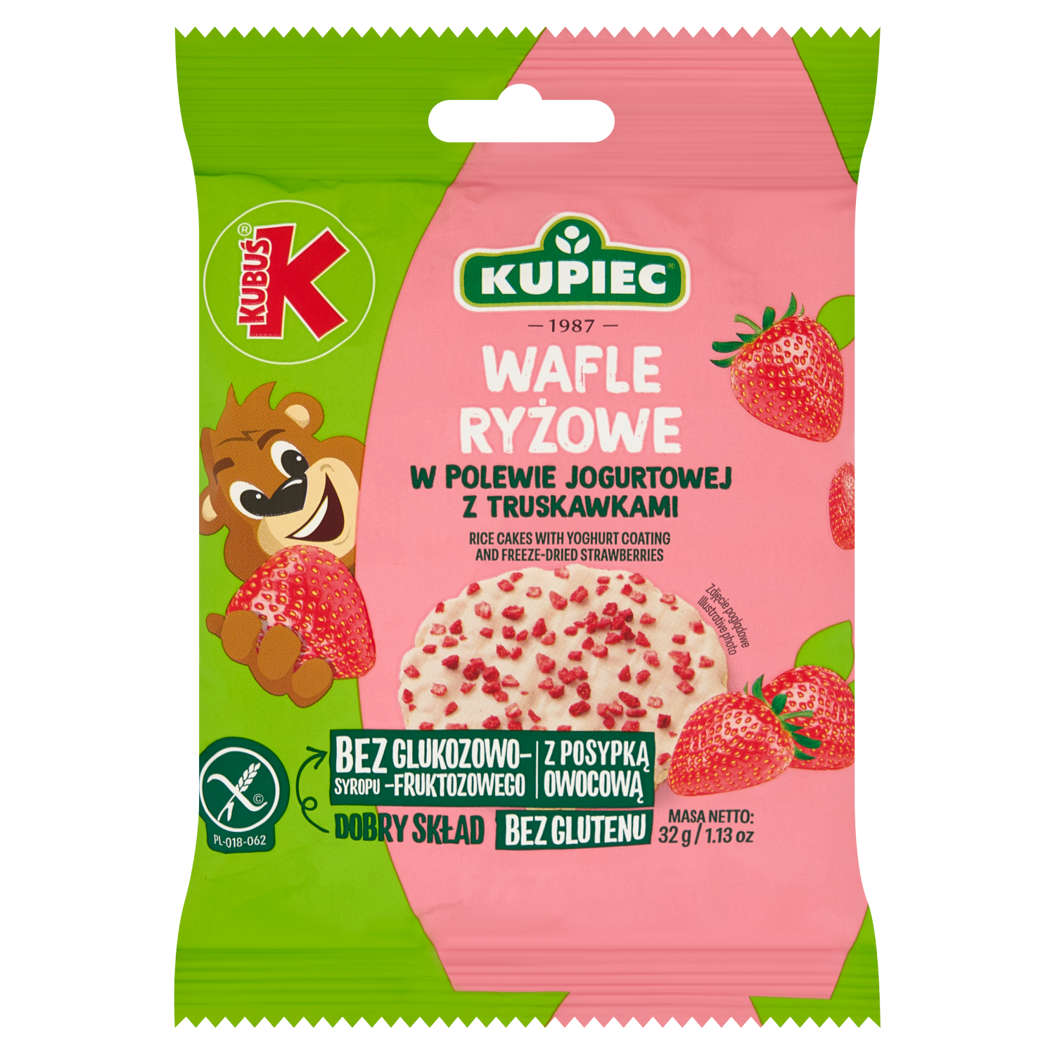 Kupiec & Kubuś Wafle Ryżowe w polewie jogurtowej z liofilizowaną truskawką, 32 g