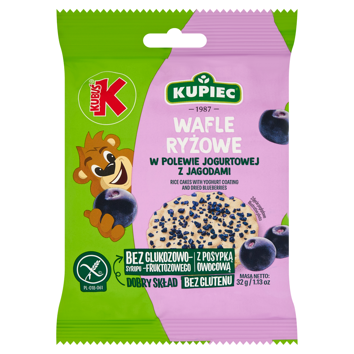Kupiec & Kubuś Wafle Ryżowe w polewie jogurtowej z suszoną jagodą, 32 g