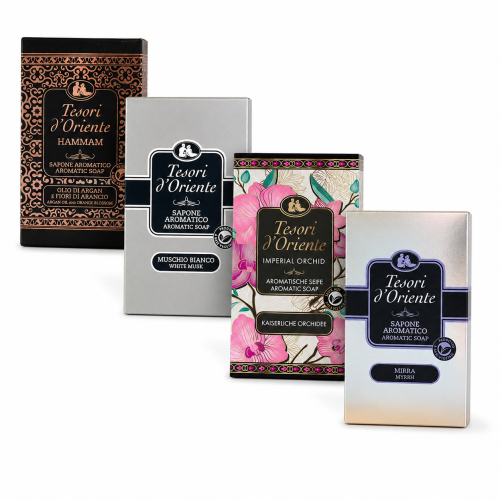 Tesori d’Oriente mydło zapachowe zestaw 4 sztuki Hammam Muschio Bianco Imperial Orchid Mirra
