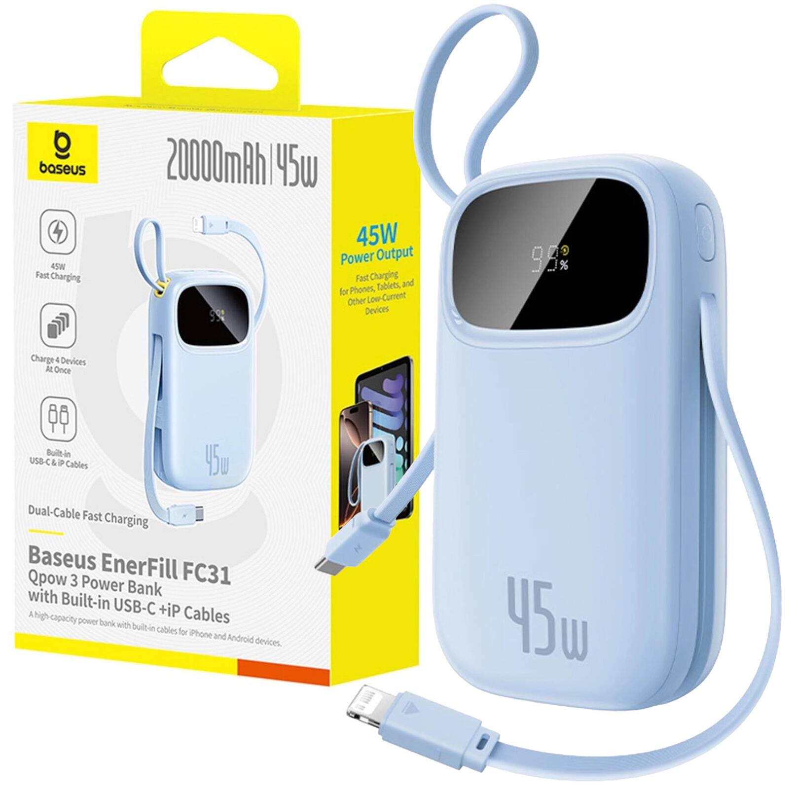 SZYBKI POWERBANK BASEUS 20000 mAh 45W USB-C USB-A KABEL USB TYP C LIGHTNING