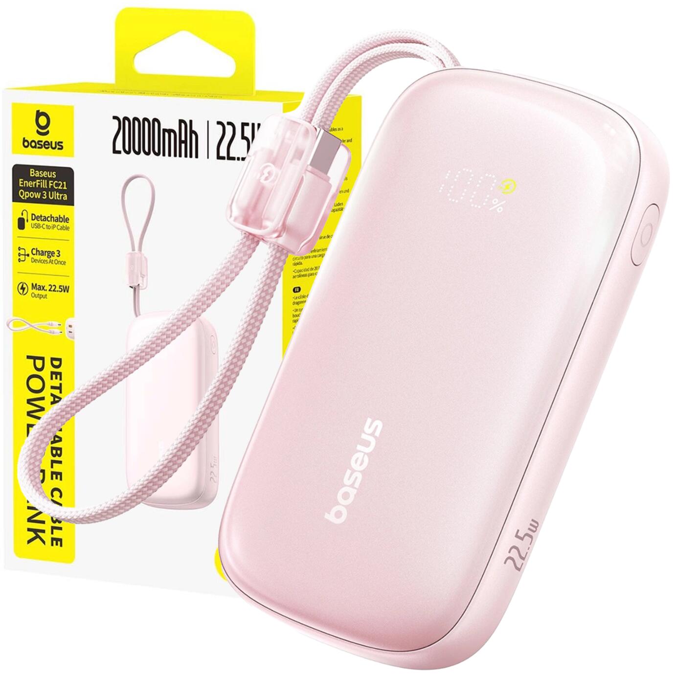 Powerbank 20000mAh 22.5W z wyświetlaczem kablem EnerFill FC21 Qpow 3 Ultra - różowy