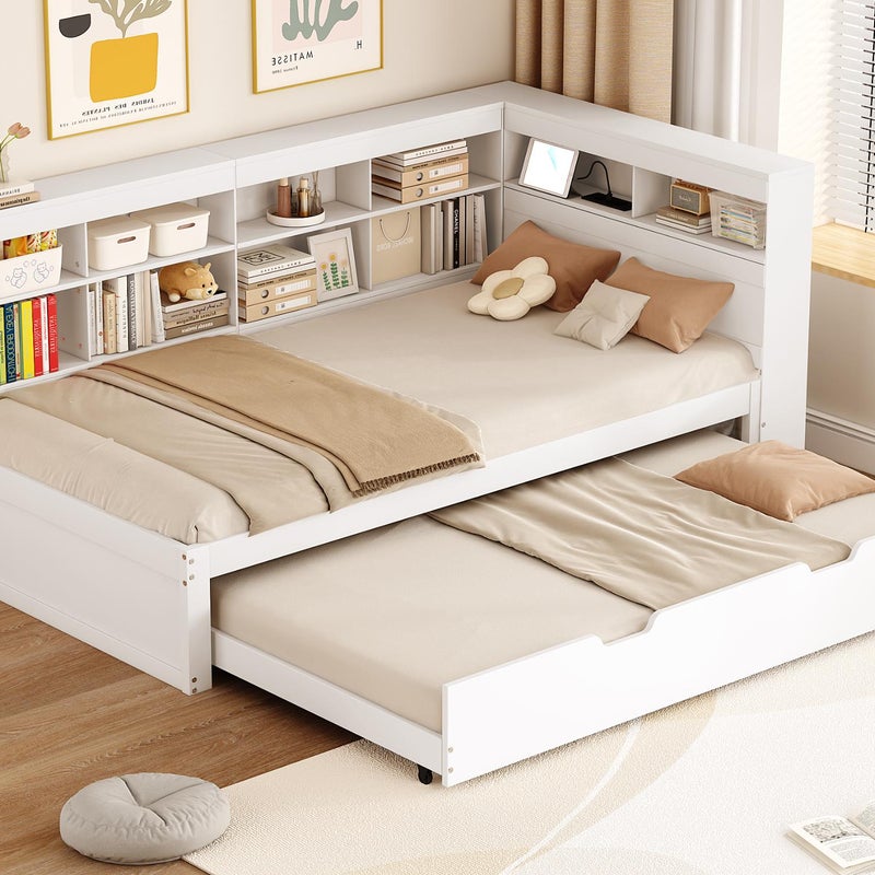 Drewniane łóżko pojedyncze 90x200cm - z łóżkiem wysuwanym 90x190cm i wtyczką USB - 10 komór - Biały