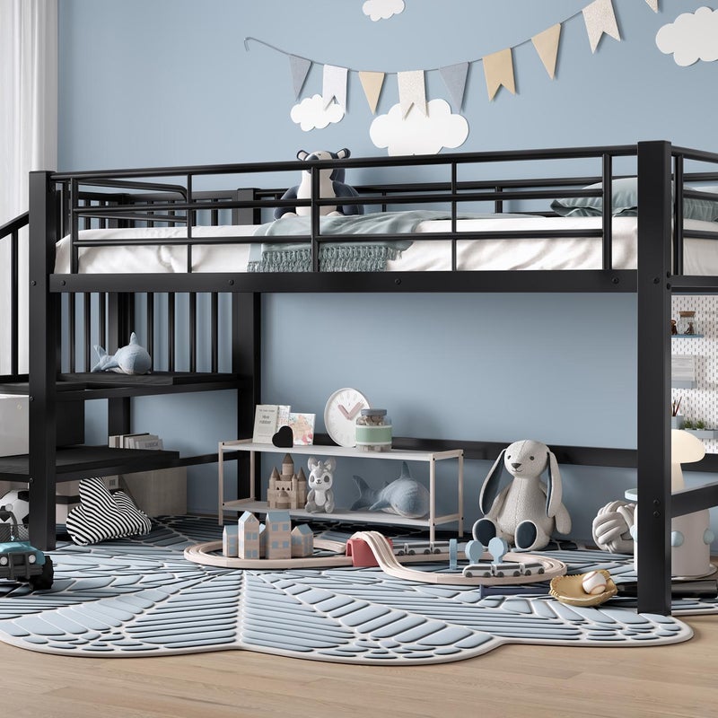 Łóżko piętrowe 90x200 cm - ze schodami - z barierkami bezpieczeństwa - metal + płyta MDF - czarne (Materac nie jest wliczony w cenę)