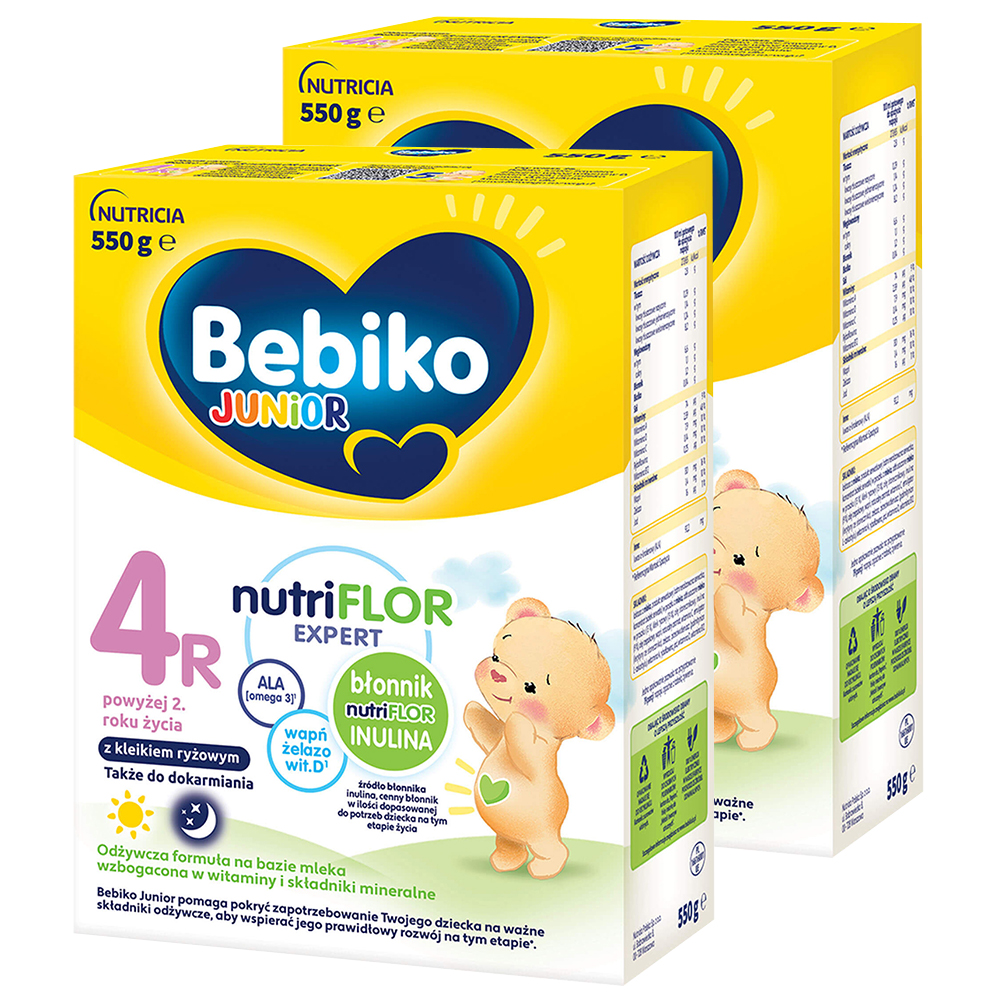Zestaw Bebiko Junior 4R Nutriflor Expert, odżywcza formuła na bazie mleka z kleikiem ryżowym, powyżej 2 roku, 2 x 550 g
