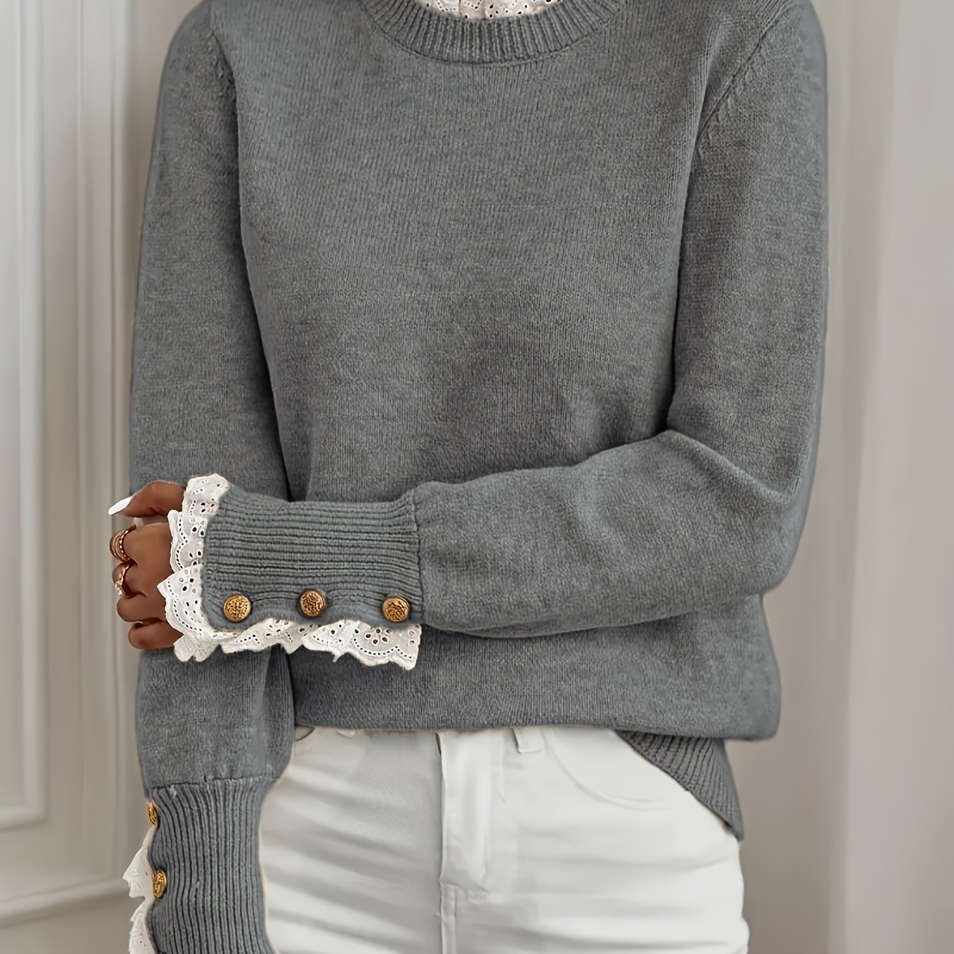 TEMU Damski sweter z koronkowym wykończeniem na mankietach i u dołu, casualowy i elegancki top