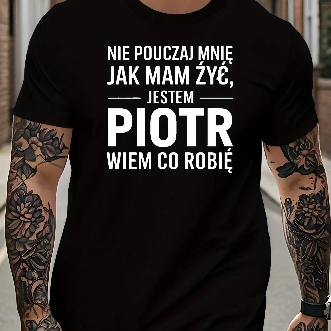 TEMU Męska Koszulka z Nadrukiem Imienia Piotr - Casual T-Shirt z Krótkim Rękawem i Okrągłym Dekoltem, Wygodne Letnie Ubranie z Odważnym Polskim