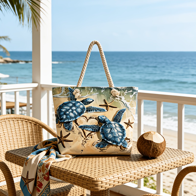 TEMU Torba damska typu tote Ocean Sea Turtle Starfish o dużej pojemności, torba z włóczki konopnej, duża torba plażowa, torba na wakacje nad morzem,