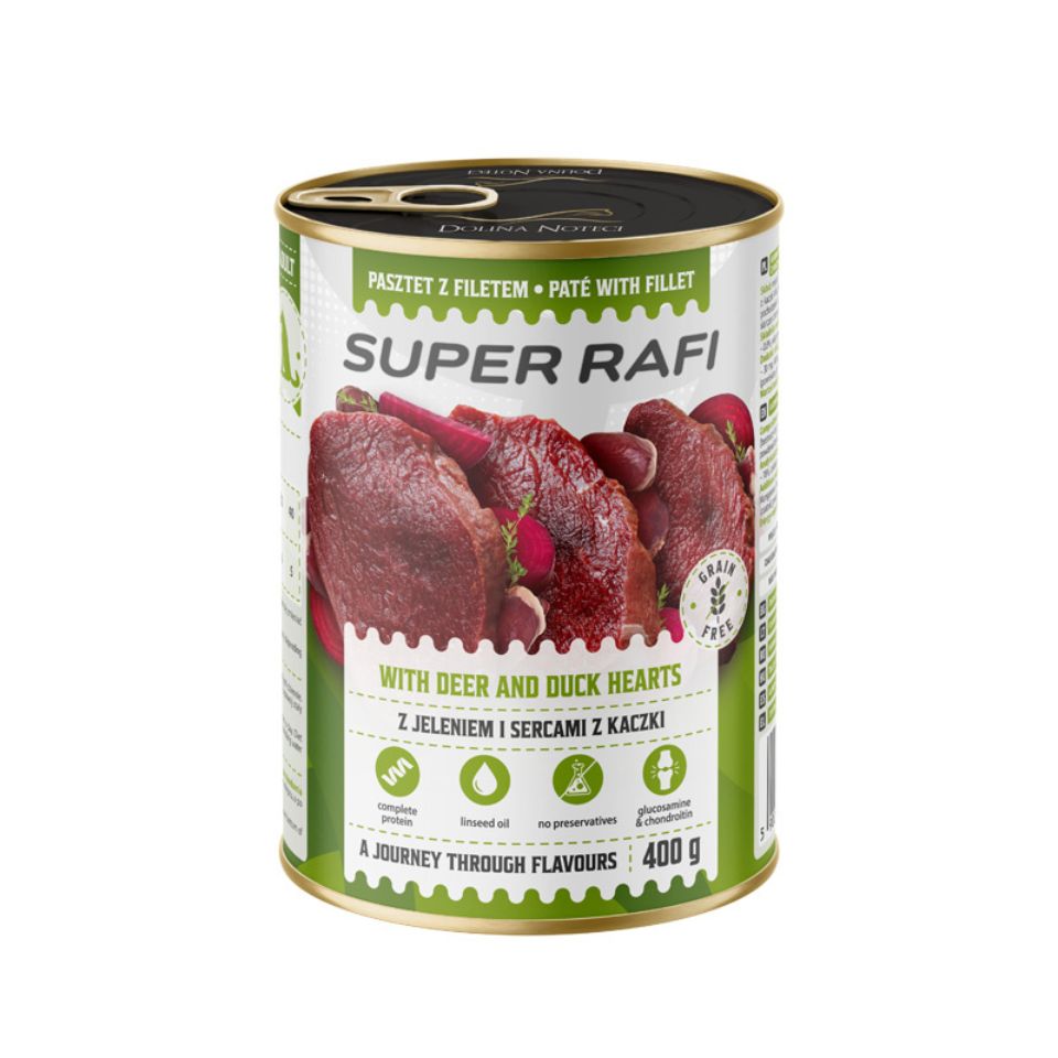 SUPER RAFI z jeleniem i sercami z kaczki 400 g mokra karma dla psa