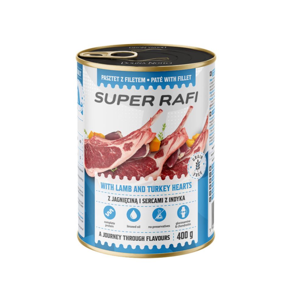 SUPER RAFI z jagnięciną i sercami indyka 400 g mokra karma dla psa