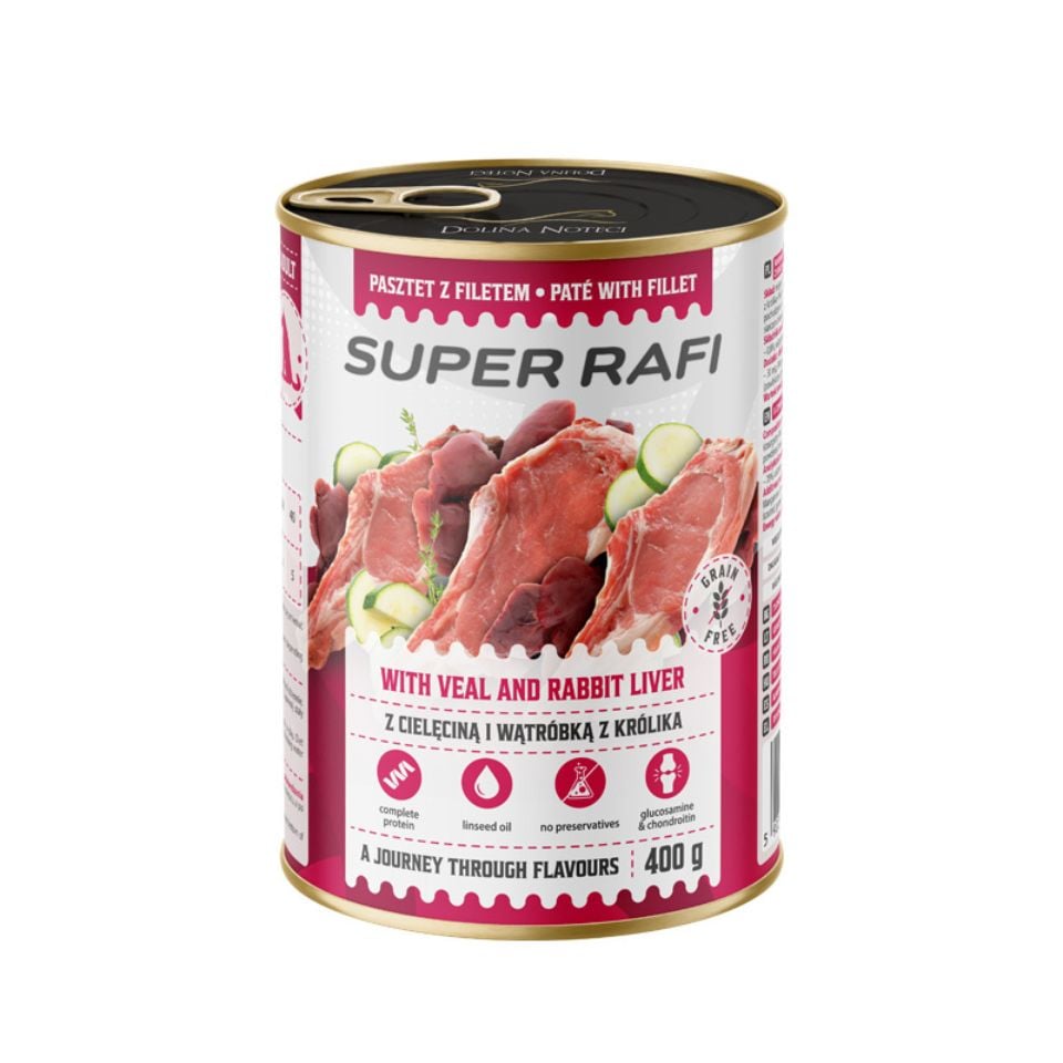 SUPER RAFI z cielęciną i wątróbką z królika 400 g mokra karma dla psa