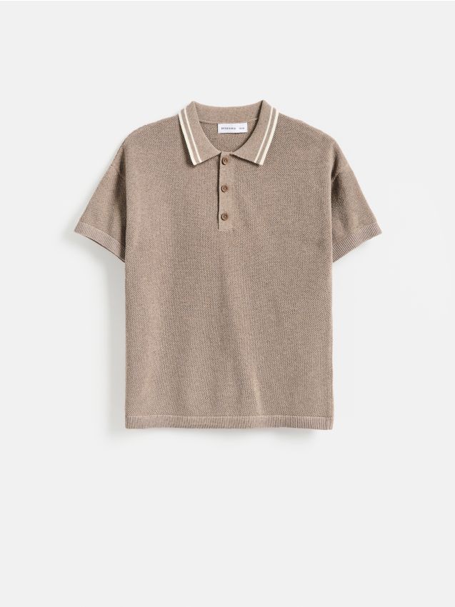 Reserved - Dzianinowe polo z krótkim rękawem - brązowy