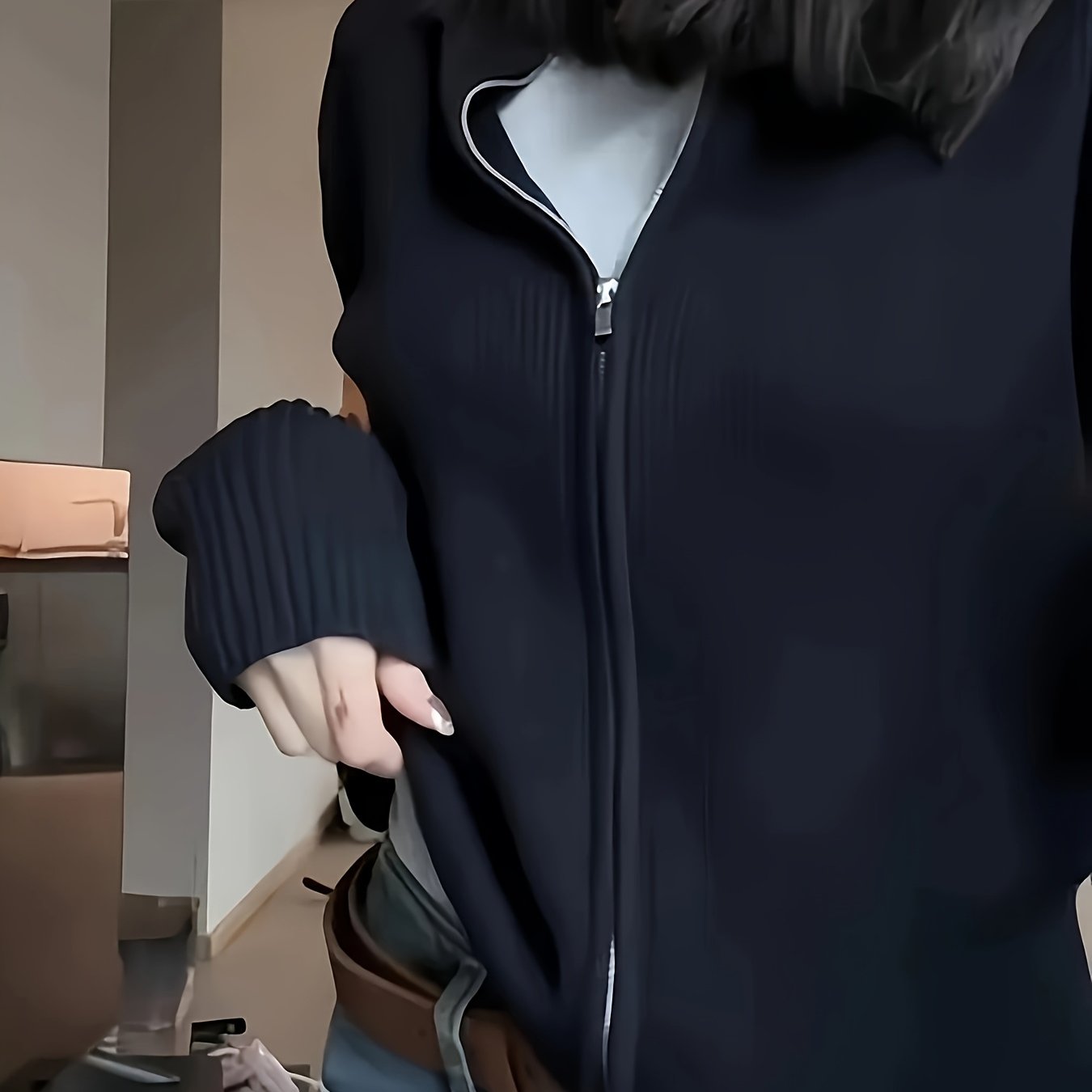 TEMU Czarny kardigan zapinany na zamek w stylu chic, idealny do dopasowanego stylu