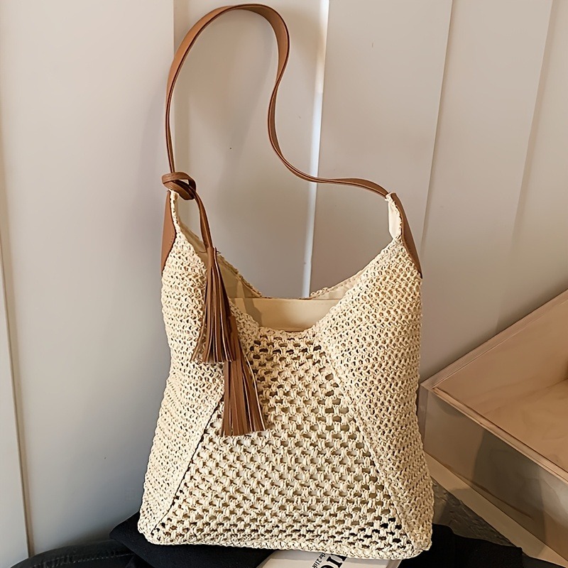 TEMU [Styl Boho/Vintage na Wakacje] , Luźna, Pleciona Mata z Pustej Trawy w Stylu Vintage, Damska Torba na Ramię Duża Pojemność, Kształt