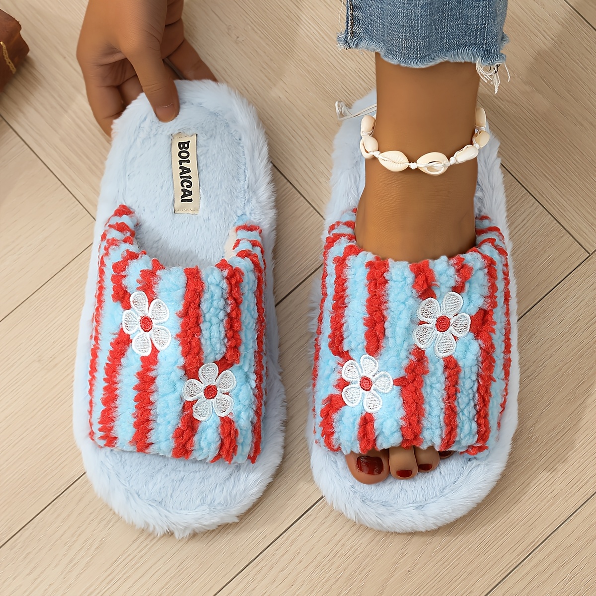 TEMU Damskie kapcie domowe w paski z kwiatowym wzorem, wygodne, uniwersalne, urocze i eleganckie, buty damskie