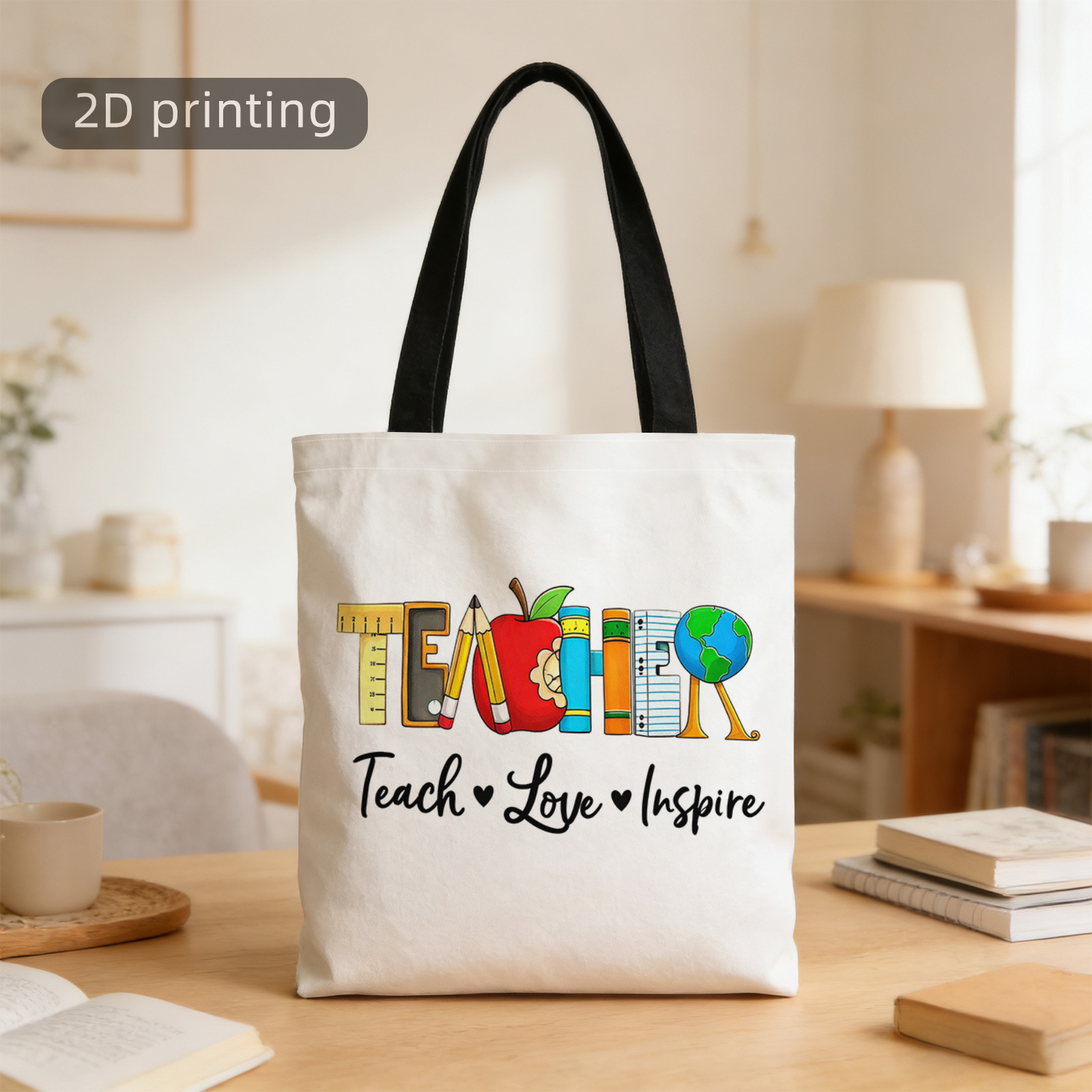 TEMU Torba na ramię z nadrukiem 2D z motywami książek, jabłek, globusa, ołówków i linijek. Ta wielokrotnego użytku i stylowa torba jest idealna na