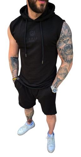 Komplet dresowy czarny męski tank z kapturem + spodenki Furia