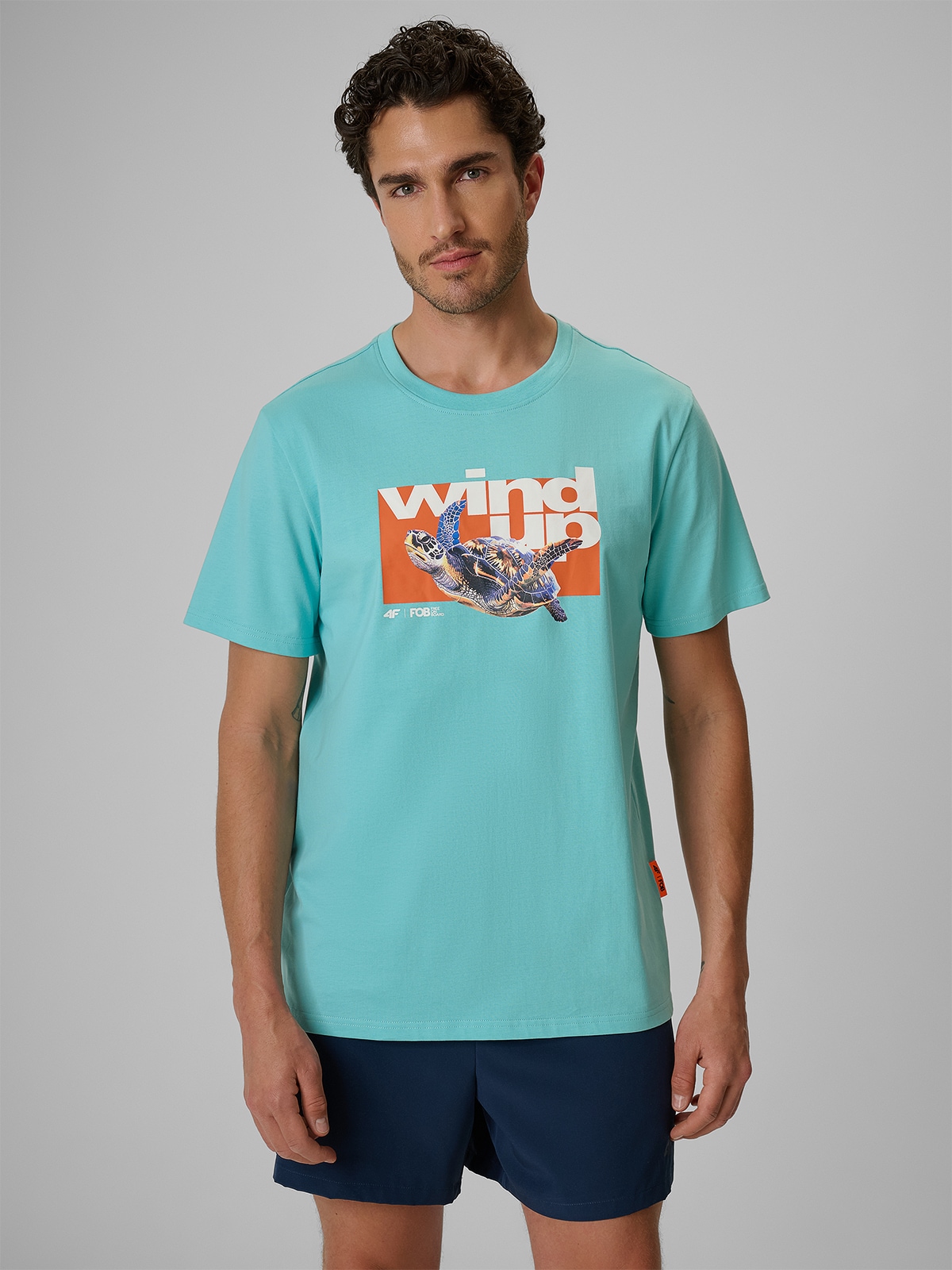 4F T-shirt regular z nadrukiem męski - turkusowy XXL