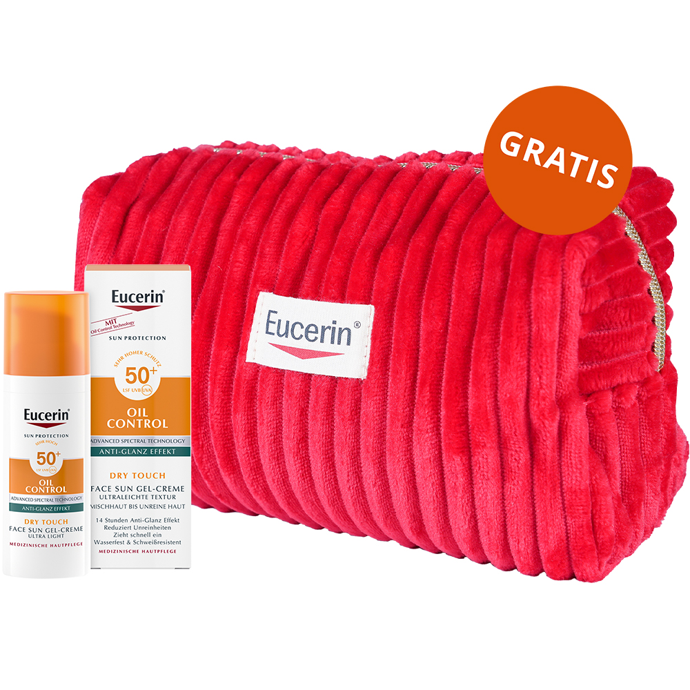 Eucerin Sun Protection Oil Control, ultralekki żel-krem ochronny do skóry ze skłonnością do trądziku, SPF 50+, 50 ml + kosmetyczka gratis